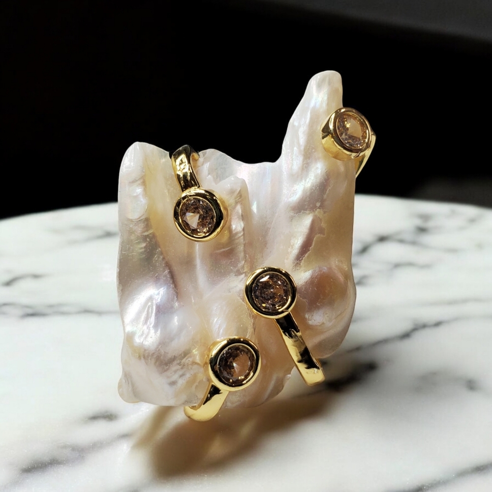 Natural Baroque Pearl Crystal Caged Statement Ring Adjustable